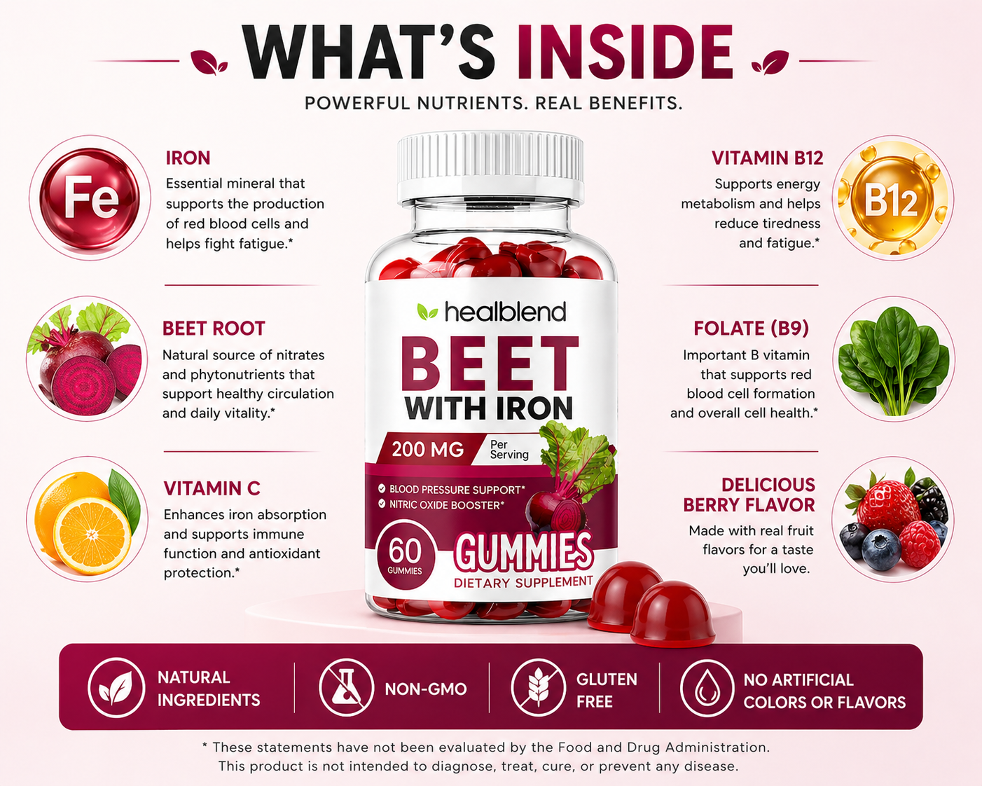 A product information graphic for HealiBlend Beet with Iron Gummies. The center shows a bottle of red gummy candies with a white cap and a white label featuring red and dark red text.