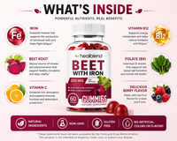 A product information graphic for HealiBlend Beet with Iron Gummies. The center shows a bottle of red gummy candies with a white cap and a white label featuring red and dark red text.