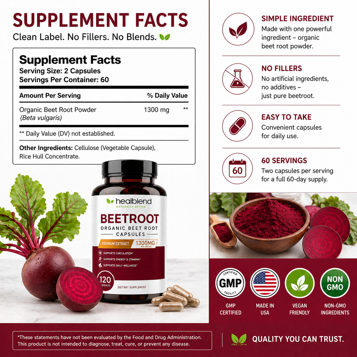 Organic Beet Root Capsules 1300mg - Nitric Oxide Booster, Beets Support Healthy Blood Pressure, Heart Health, Circulation Superfood - 120 Count