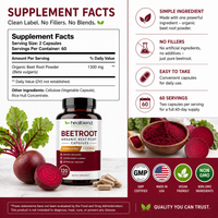 Organic Beet Root Capsules 1300mg - Nitric Oxide Booster, Beets Support Healthy Blood Pressure, Heart Health, Circulation Superfood - 120 Count