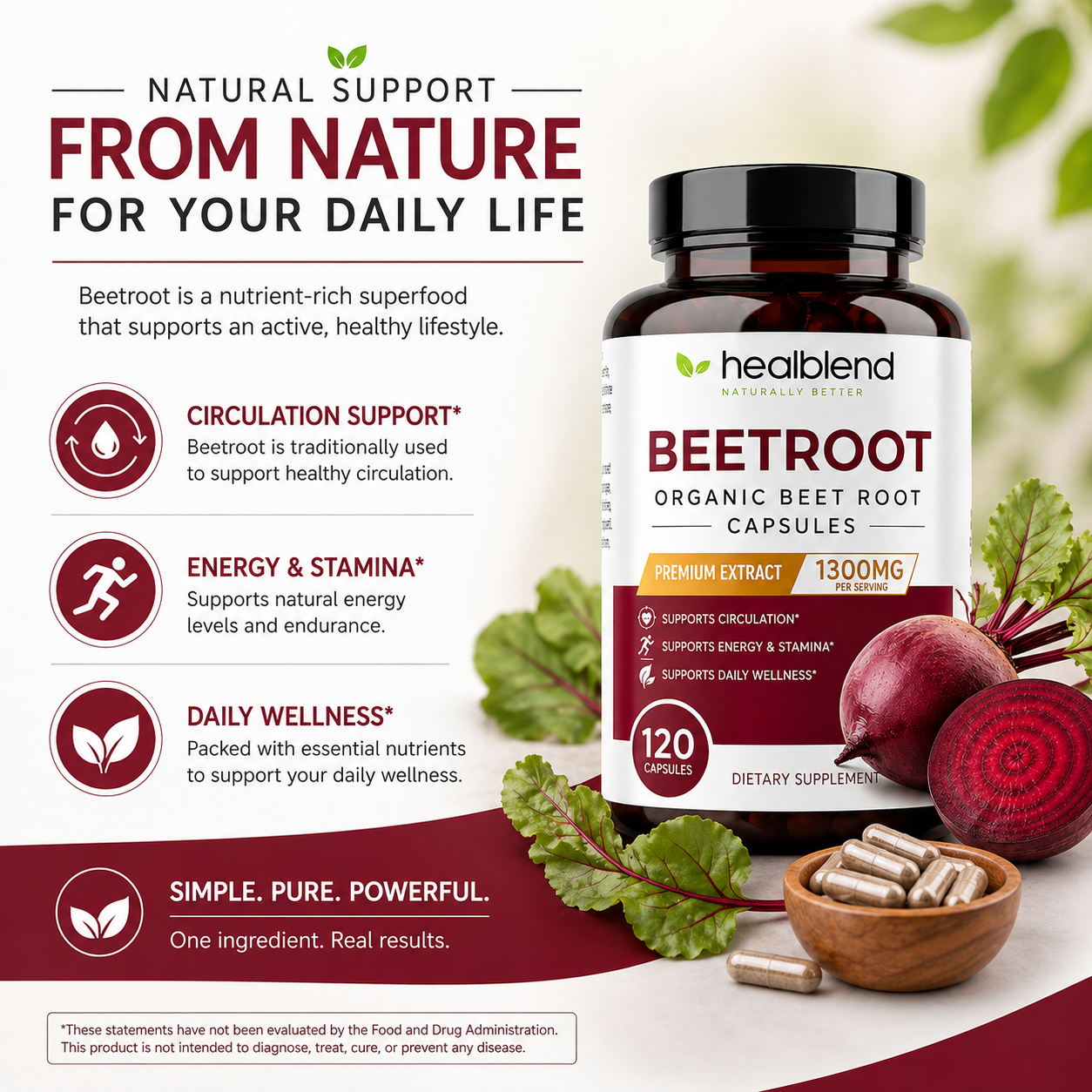 Organic Beet Root Capsules 1300mg - Nitric Oxide Booster, Beets Support Healthy Blood Pressure, Heart Health, Circulation Superfood - 120 Count
