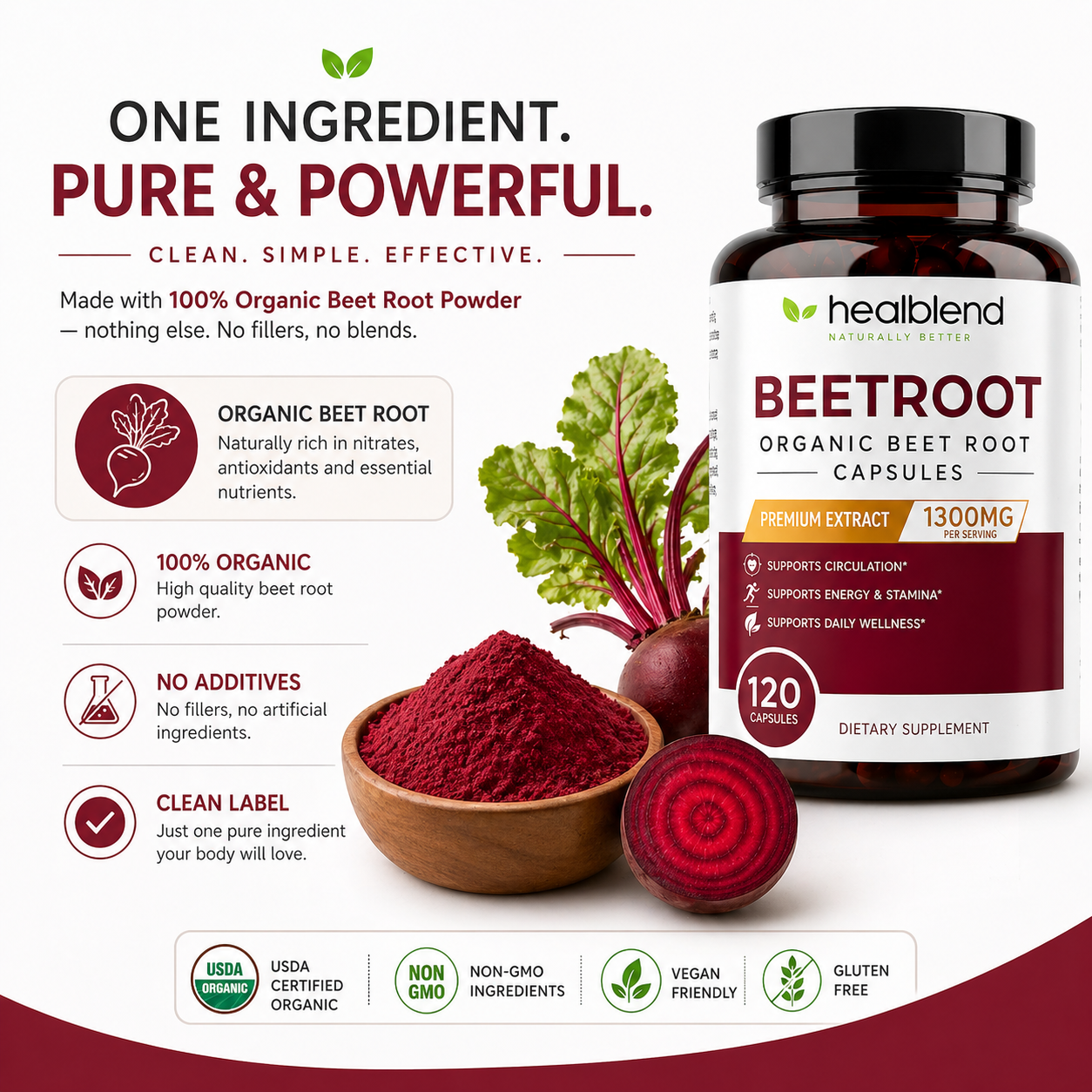 Organic Beet Root Capsules 1300mg - Nitric Oxide Booster, Beets Support Healthy Blood Pressure, Heart Health, Circulation Superfood - 120 Count