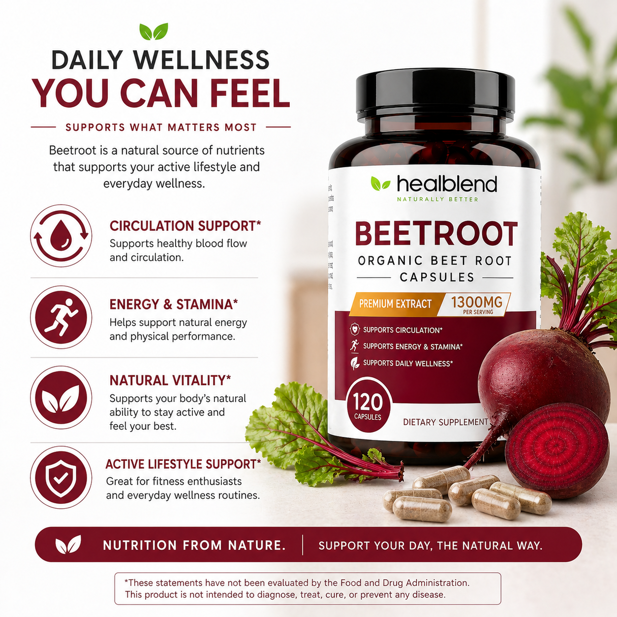 Organic Beet Root Capsules 1300mg - Nitric Oxide Booster, Beets Support Healthy Blood Pressure, Heart Health, Circulation Superfood - 120 Count