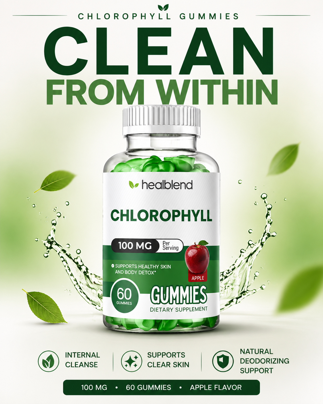 Chlorophyll Gummies 100mg - Body Detox & Skin Health - Natural Apple Flavor - Energy & Immune Support Supplement - 60 Gummies