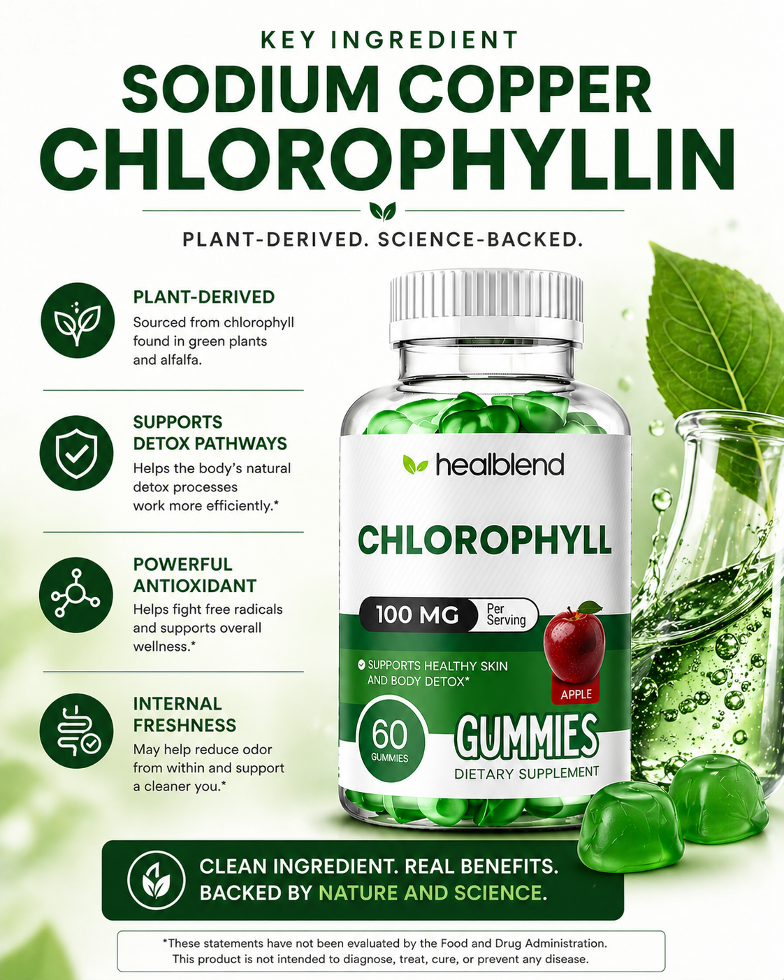 Chlorophyll Gummies 100mg - Body Detox & Skin Health - Natural Apple Flavor - Energy & Immune Support Supplement - 60 Gummies