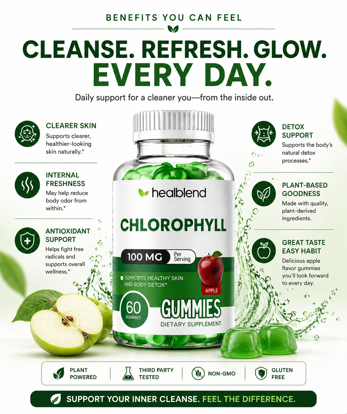 Chlorophyll Gummies 100mg - Body Detox & Skin Health - Natural Apple Flavor - Energy & Immune Support Supplement - 60 Gummies
