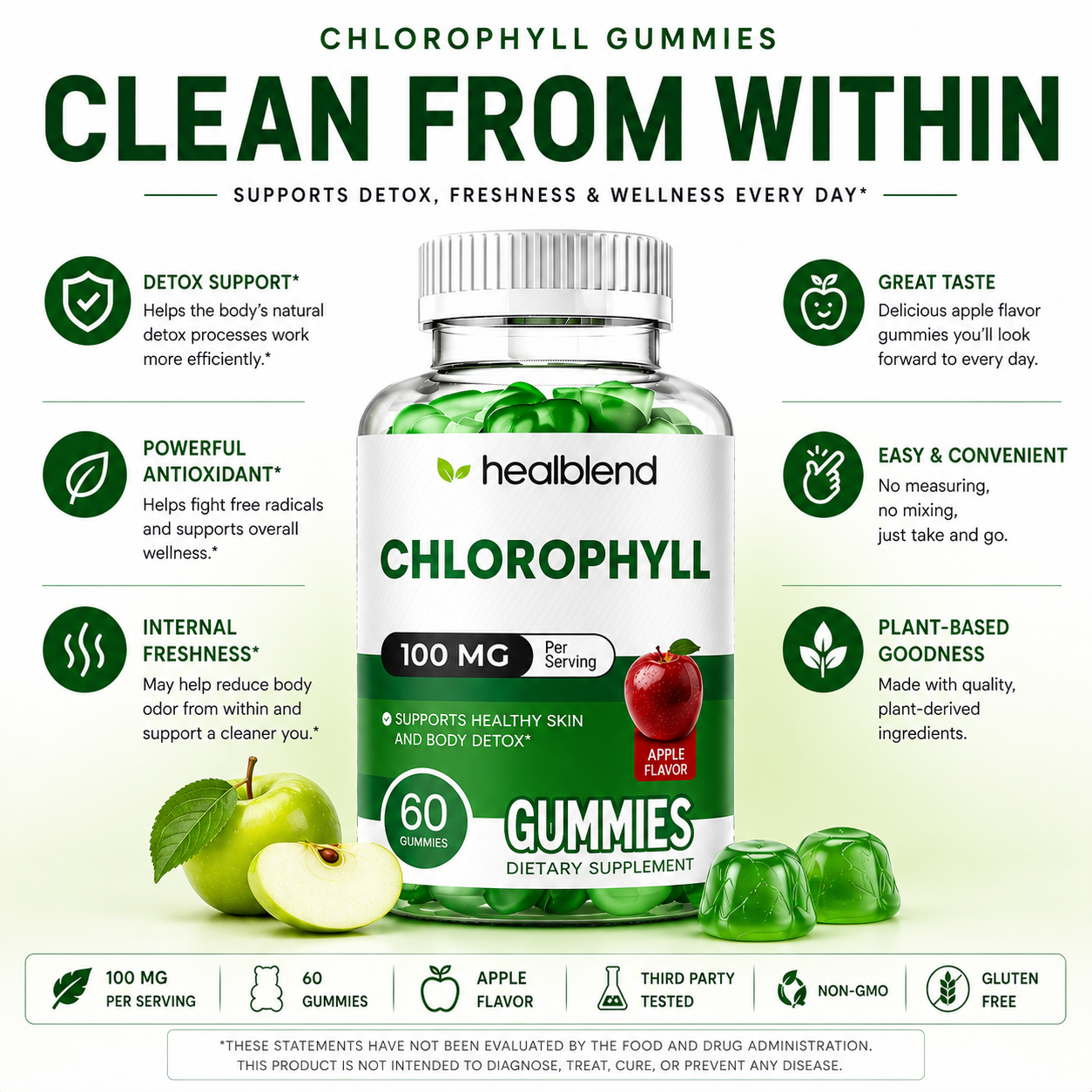 Chlorophyll Gummies 100mg - Body Detox & Skin Health - Natural Apple Flavor - Energy & Immune Support Supplement - 60 Gummies