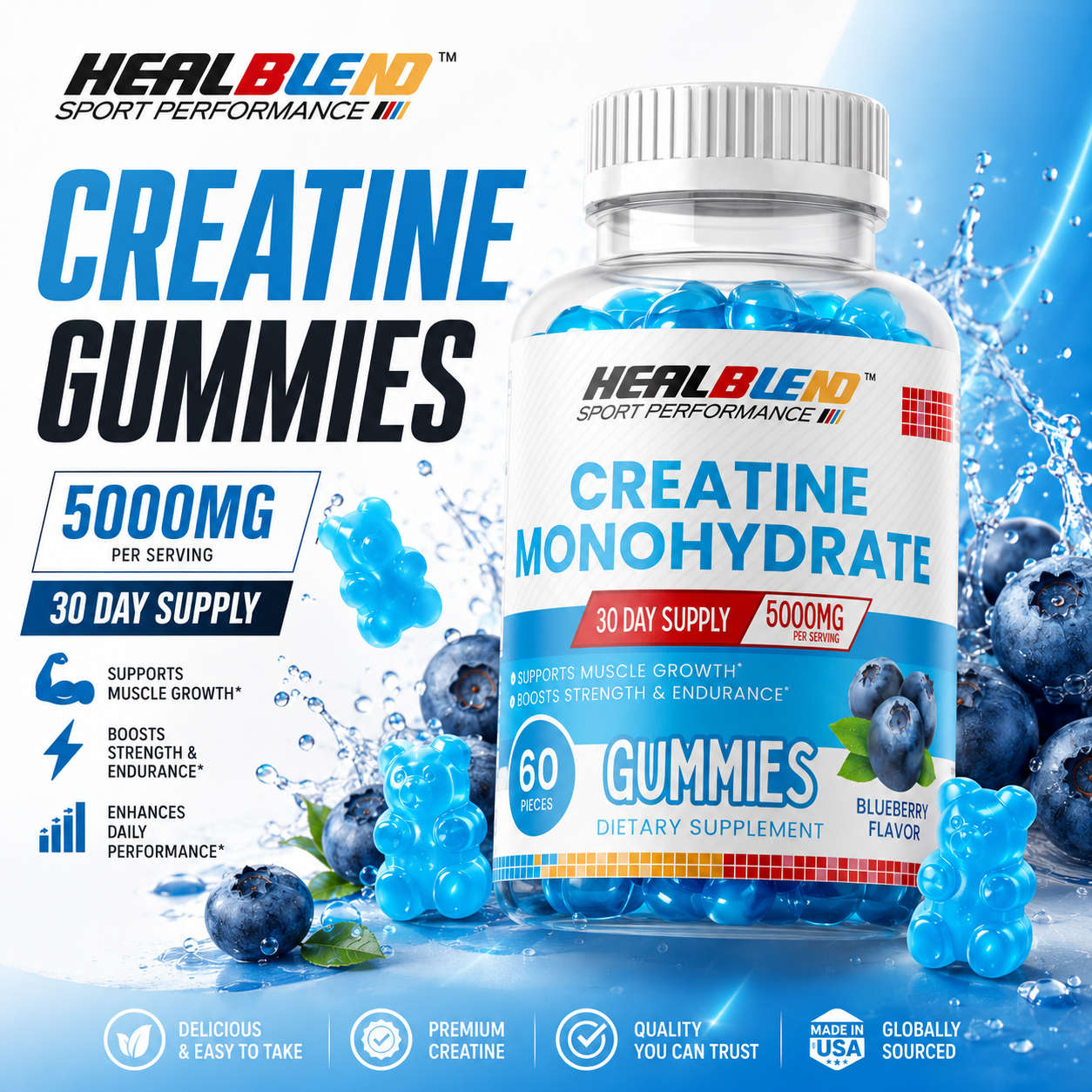 Creatine Monohydrate Gummies 5000mg, Muscle Growth, Strength & Endurance Support Blueberry Flavor, 60 Count