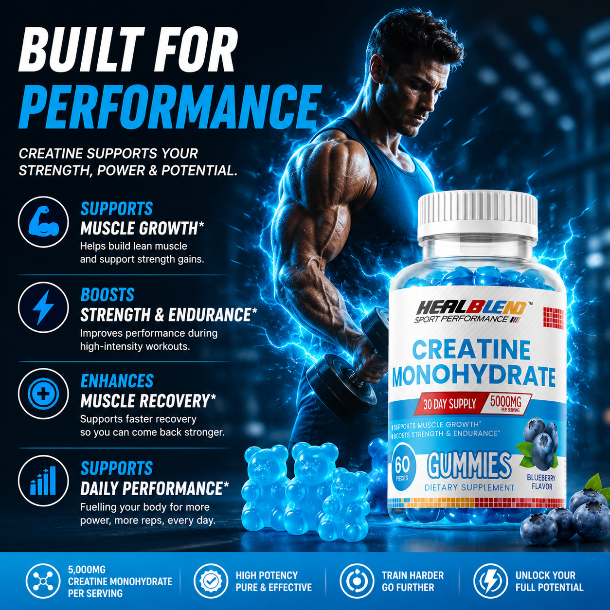Creatine Monohydrate Gummies 5000mg, Muscle Growth, Strength & Endurance Support Blueberry Flavor, 60 Count
