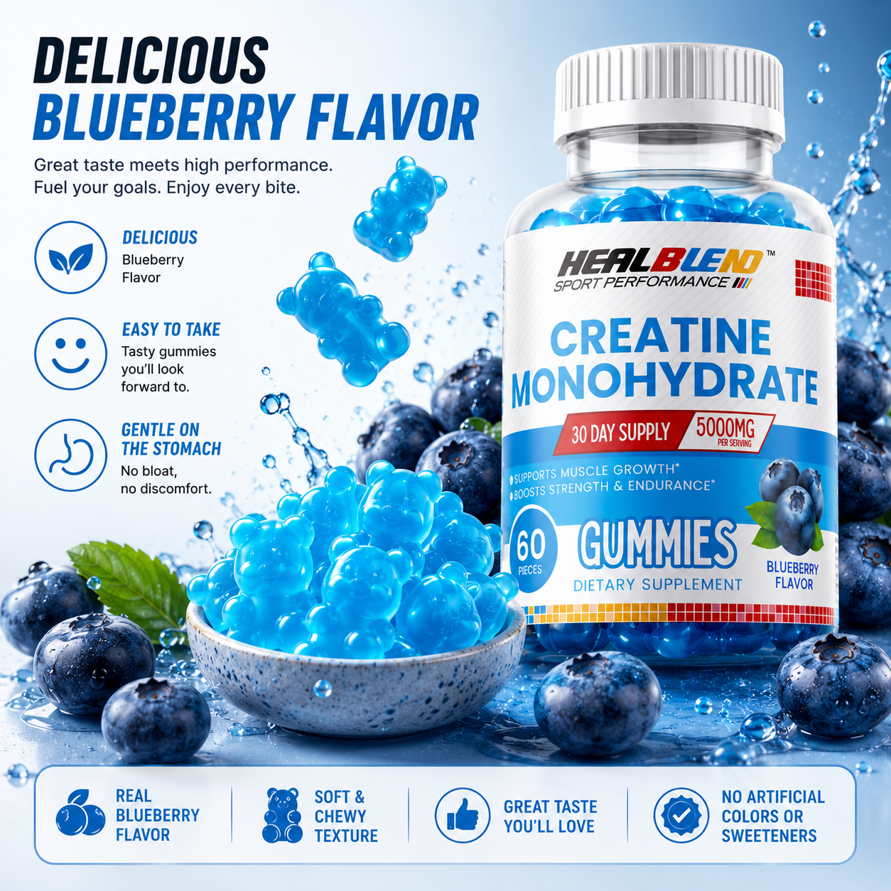 Creatine Monohydrate Gummies 5000mg, Muscle Growth, Strength & Endurance Support Blueberry Flavor, 60 Count
