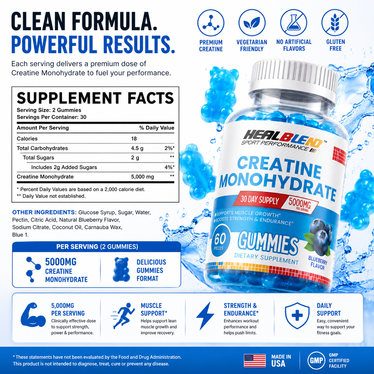 Creatine Monohydrate Gummies 5000mg, Muscle Growth, Strength & Endurance Support Blueberry Flavor, 60 Count