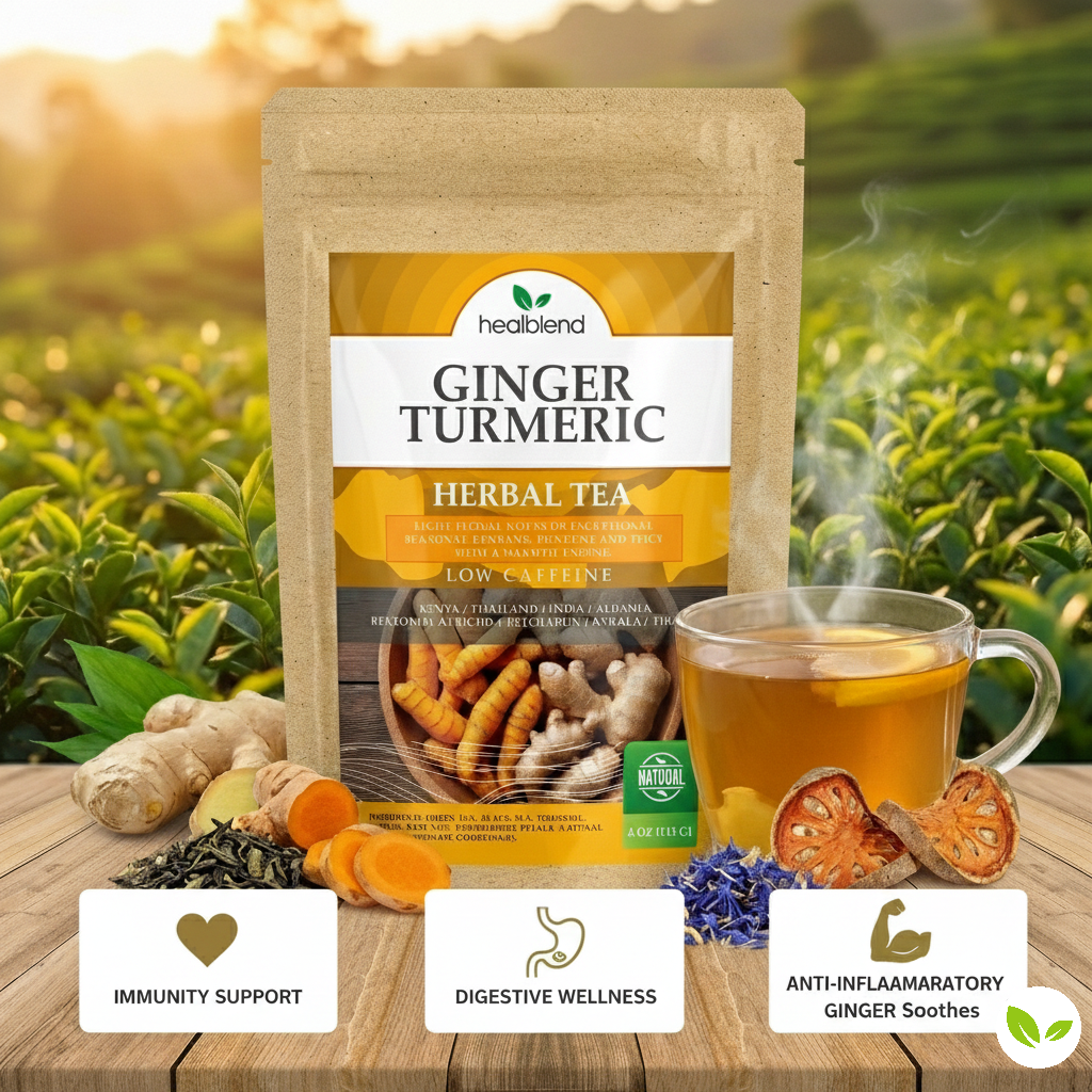 Ginger Turmeric Herbal Tea - Low Caffeine Loose Leaf Herbal Blend with Ginger & Turmeric, Warming & Soothing Wellness Tea, 4oz