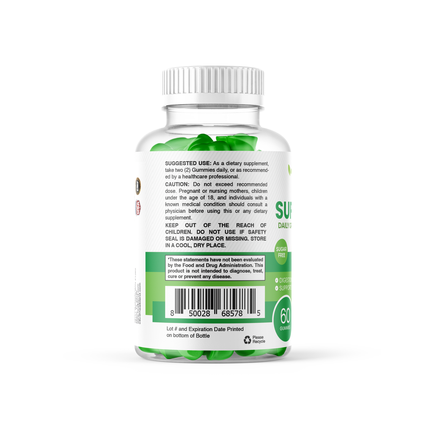 Super Green Gummies, 2000mg Daily Superfood Blend, Immune, Digestion & Metabolism Support - Apple Flavor, 60 Gummies