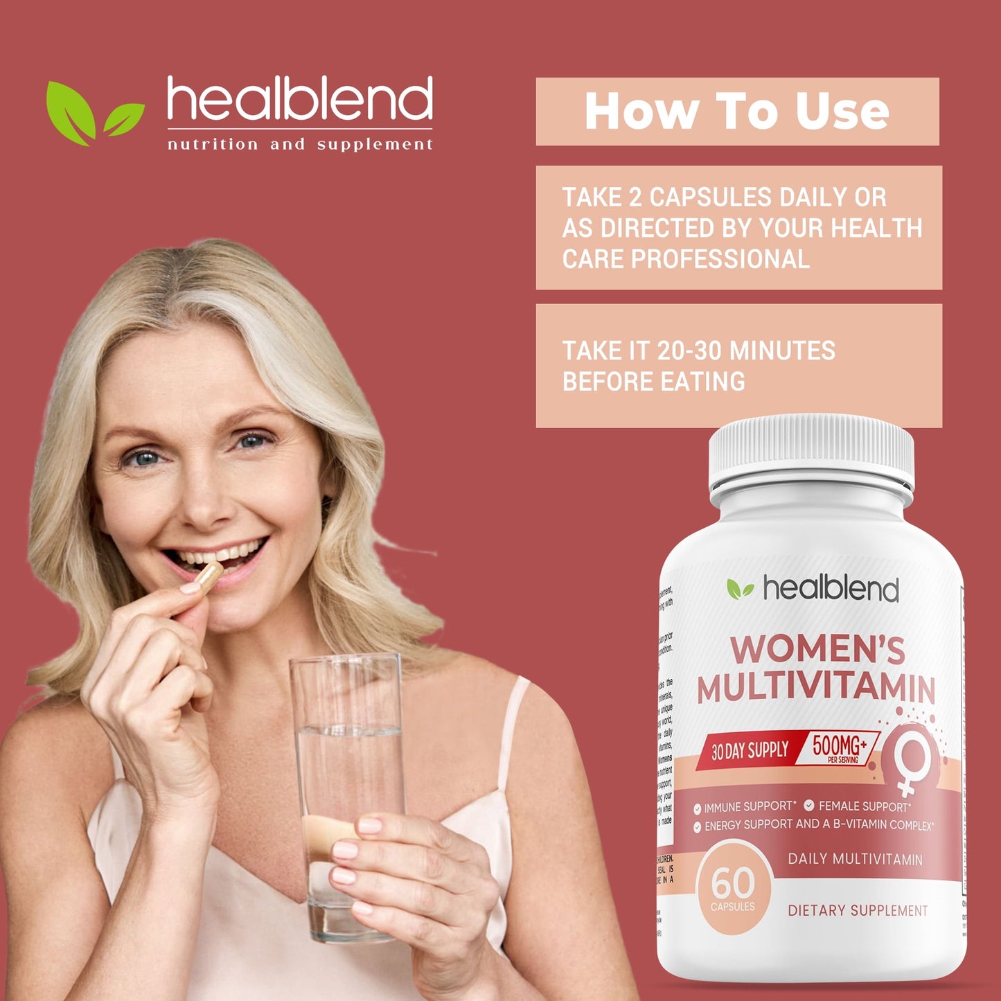 Women’s Multivitamin 500mg with 20 Essential Vitamins & Minerals, Vitamin A-B Complex - Supports General Health, Energy & Immunity-60 Capsules