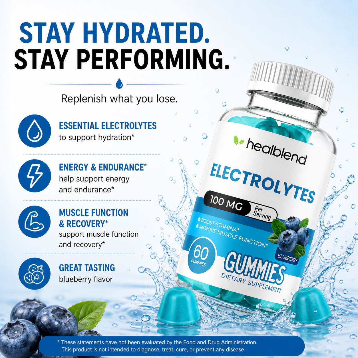 Electrolyte Gummies 100mg, Blueberry Flavor, Hydration Support for Stamina, Muscle Function & Recovery, 60 Count