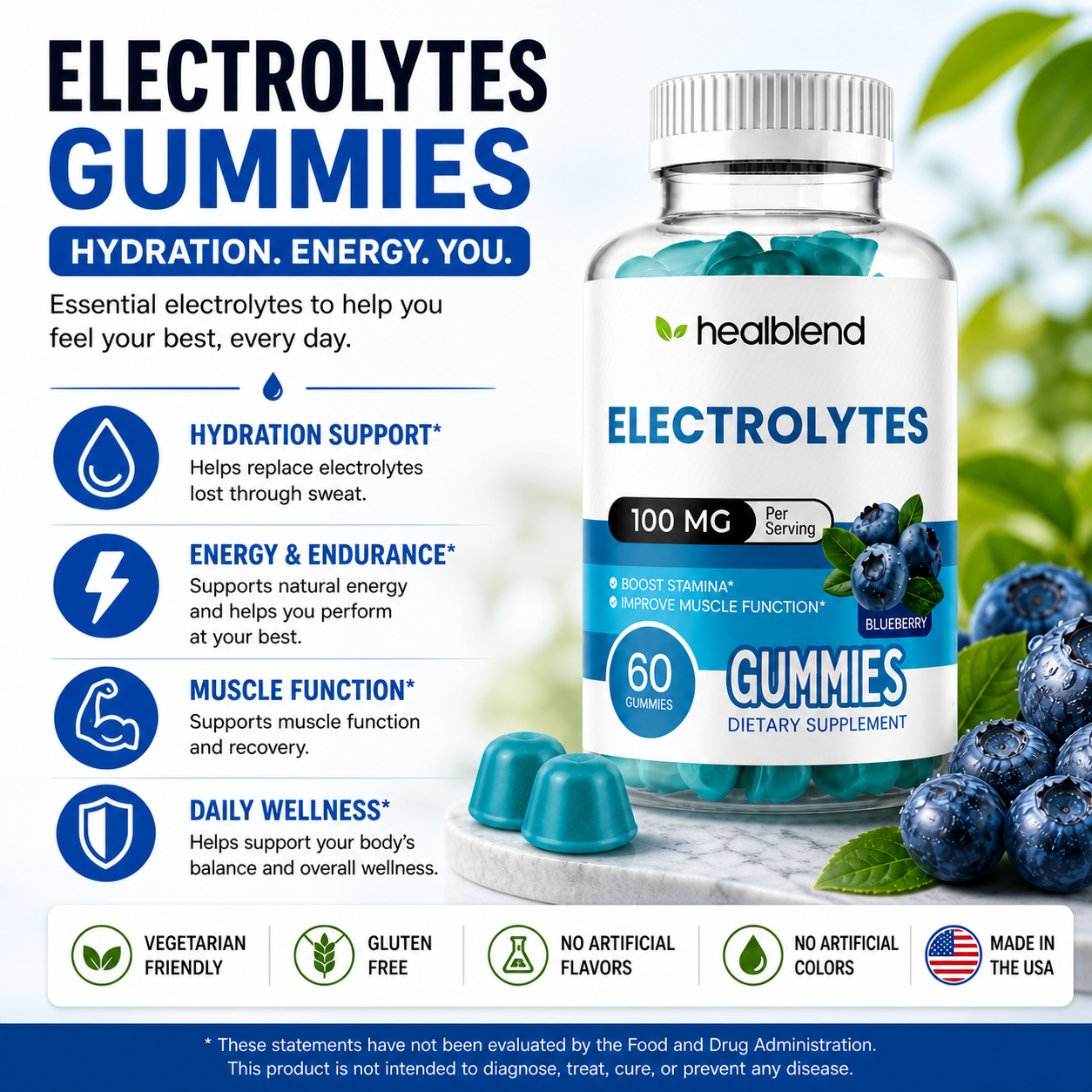 Electrolyte Gummies 100mg, Blueberry Flavor, Hydration Support for Stamina, Muscle Function & Recovery, 60 Count