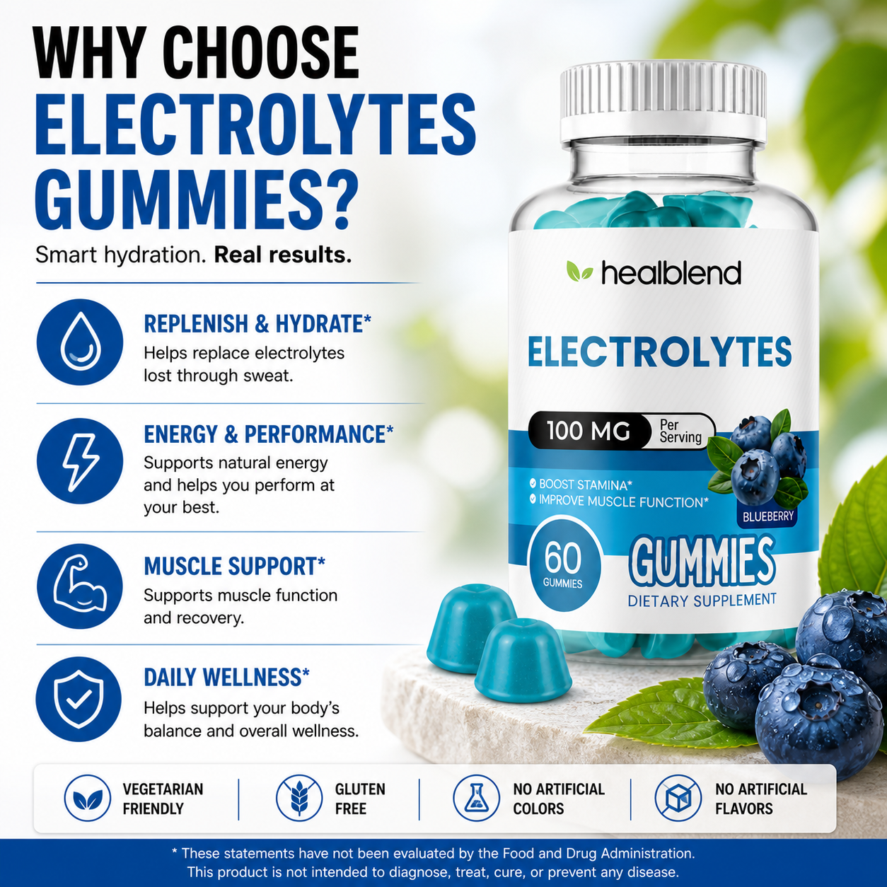 Electrolyte Gummies 100mg, Blueberry Flavor, Hydration Support for Stamina, Muscle Function & Recovery, 60 Count