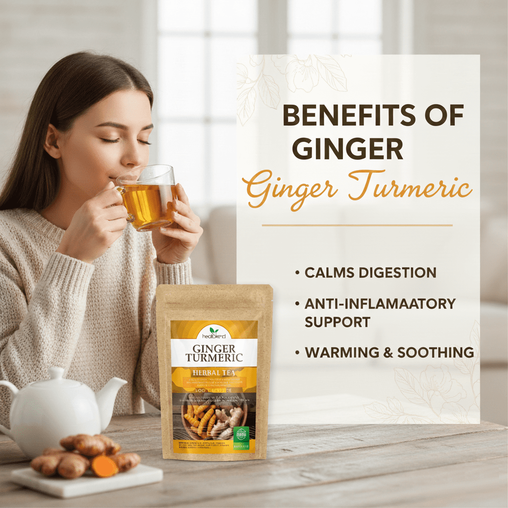 Ginger Turmeric Herbal Tea - Low Caffeine Loose Leaf Herbal Blend with Ginger & Turmeric, Warming & Soothing Wellness Tea, 4oz