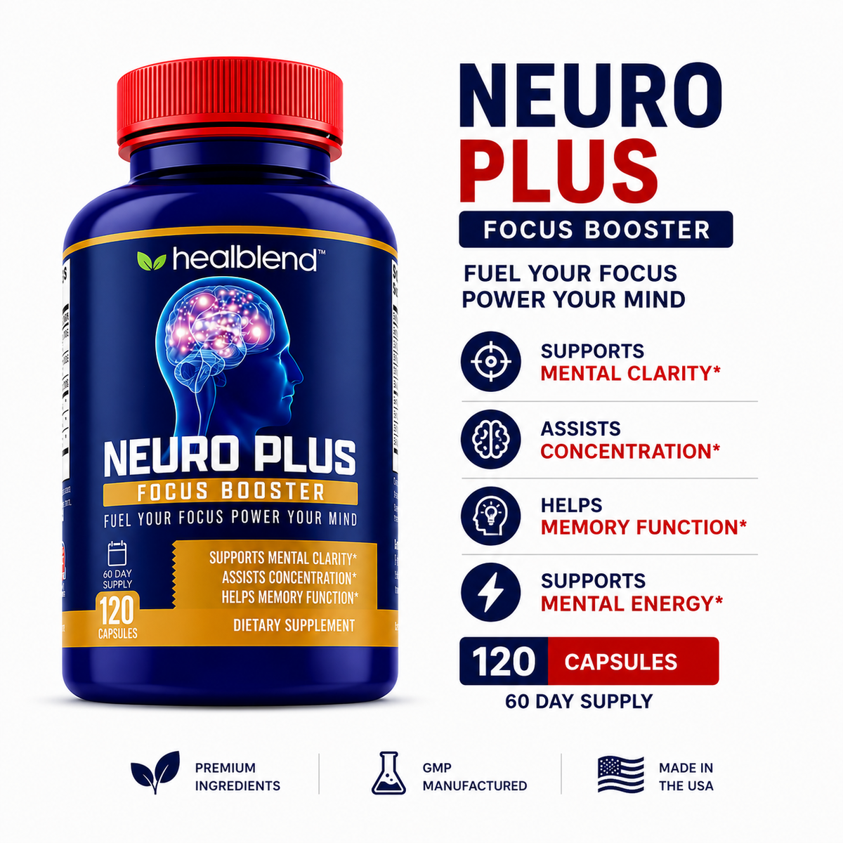 Healblend Neuro Plus Focus Booster dietary supplement bottle with a red cap and blue label, shown alongside product benefits text on a white background.