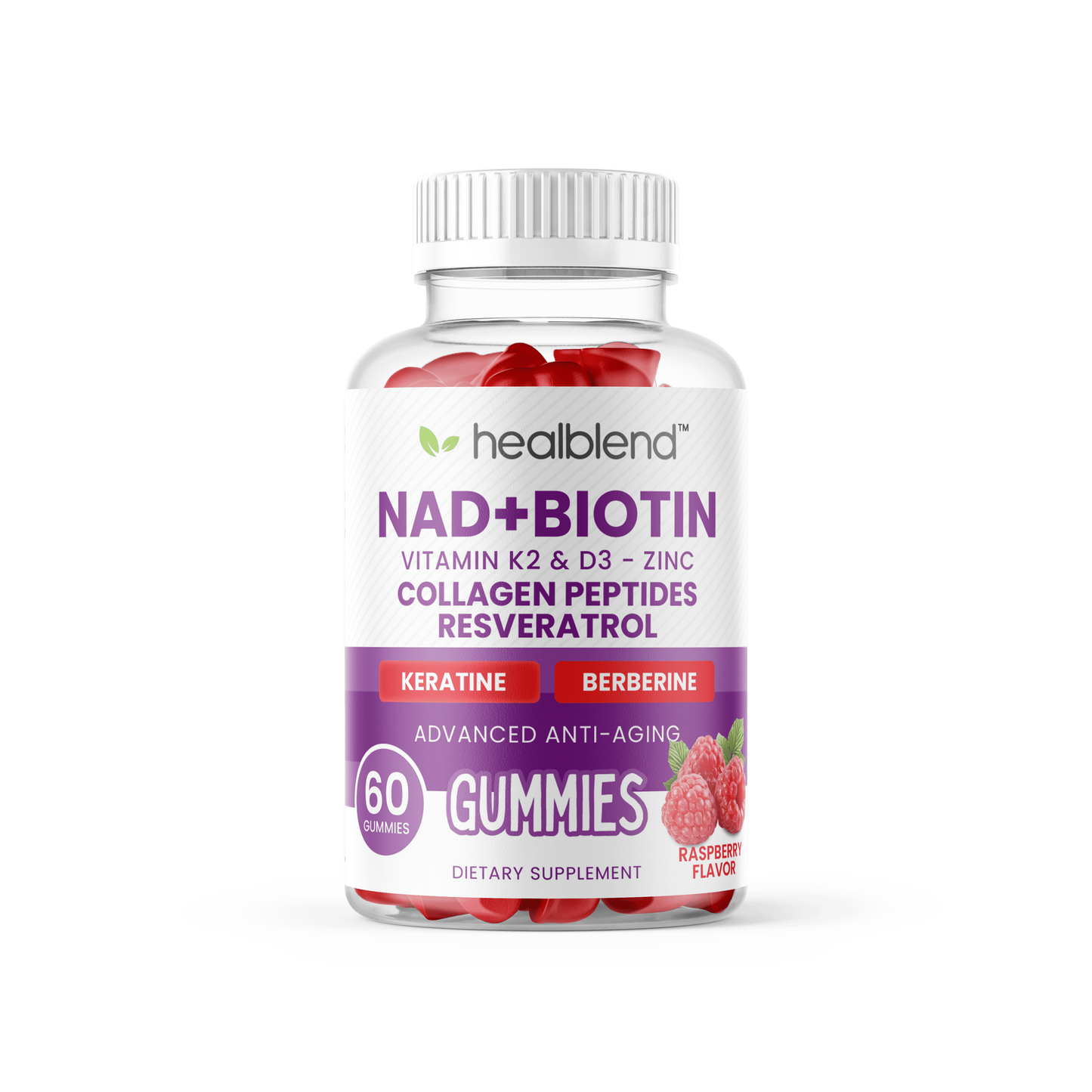 NAD+ Biotin Gummies – Collagen Peptides, Resveratrol, Keratin & Berberine – Anti-Aging Hair, Skin & Nail Support – Raspberry Flavor – 60ct