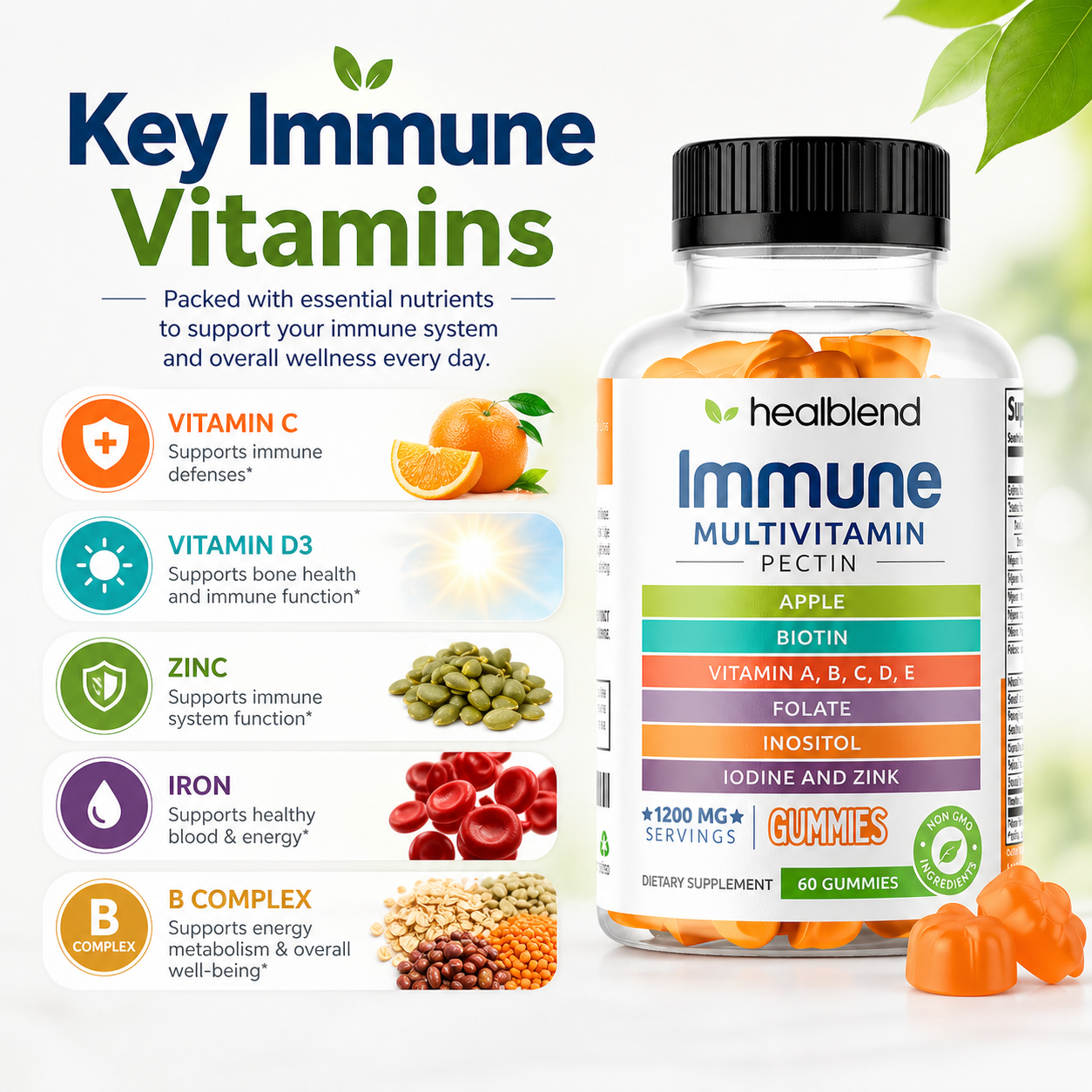 Healblend Immune Multivitamin Pectin gummies bottle shown next to a list of key immune vitamins and illustrations of gummies and fruit on a clean white background.