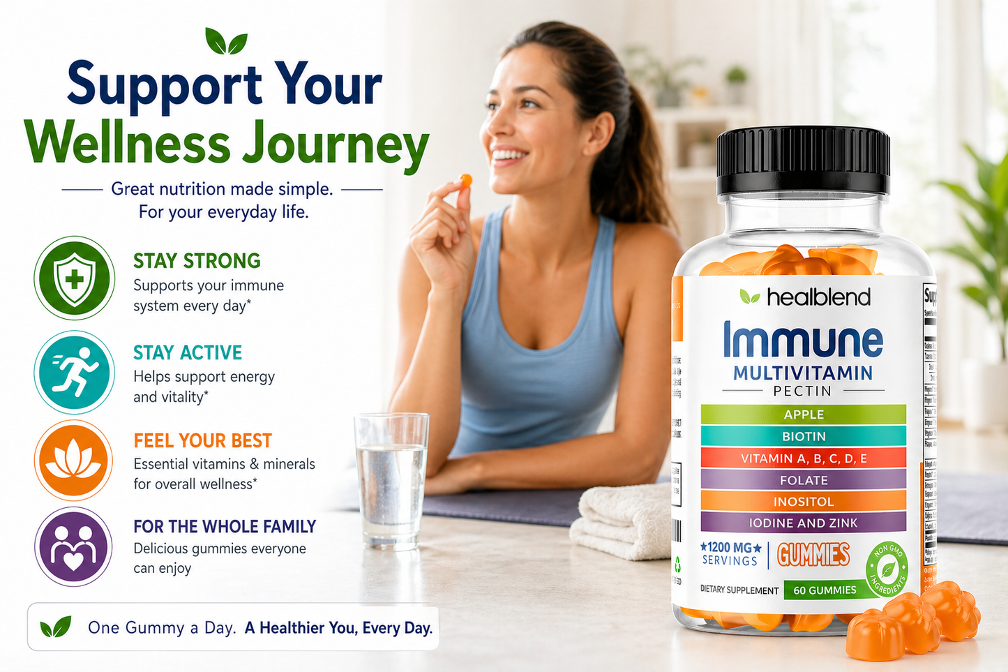 A bottle of Healiblend Immune Multivitamin Gummies is shown next to a woman in a kitchen setting, with promotional text and icons on the left side of the image.