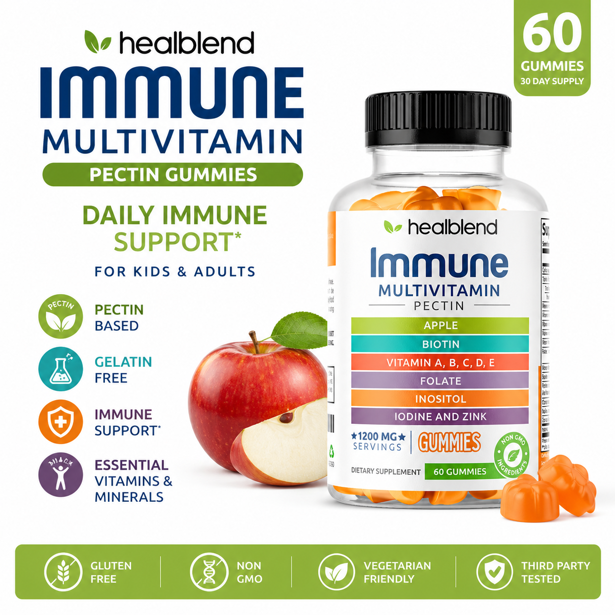 Healblend Immune Multivitamin Pectin Gummies bottle shown on a white background with product information, ingredient icons, fruit imagery, and a green '60 Gummies' badge.