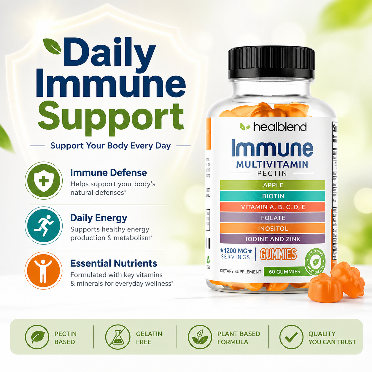 Healblend Daily Immune Support Multivitamin gummies bottle shown on a light green and white background with marketing text and feature icons. The bottle contains orange gummies and has a black cap.