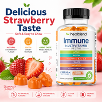 A bottle of Healblend Immune Multivitamin Pectin Gummies shown next to fresh strawberries and gummy candies on a pink background with promotional text.
