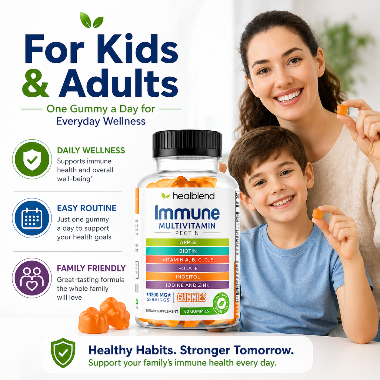 Healblend Immune Multivitamin gummy supplement bottle shown with a smiling woman and child holding orange gummies, with marketing text and icons on a white background.