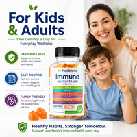 Healblend Immune Multivitamin gummy supplement bottle shown with a smiling woman and child holding orange gummies, with marketing text and icons on a white background.