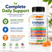 Healblend Immune Multivitamin Pectin gummies bottle shown on a clean white background with marketing text and icons on the left. The bottle is clear with a black cap and a multicolor label, and orange gummies are visible inside and in front.