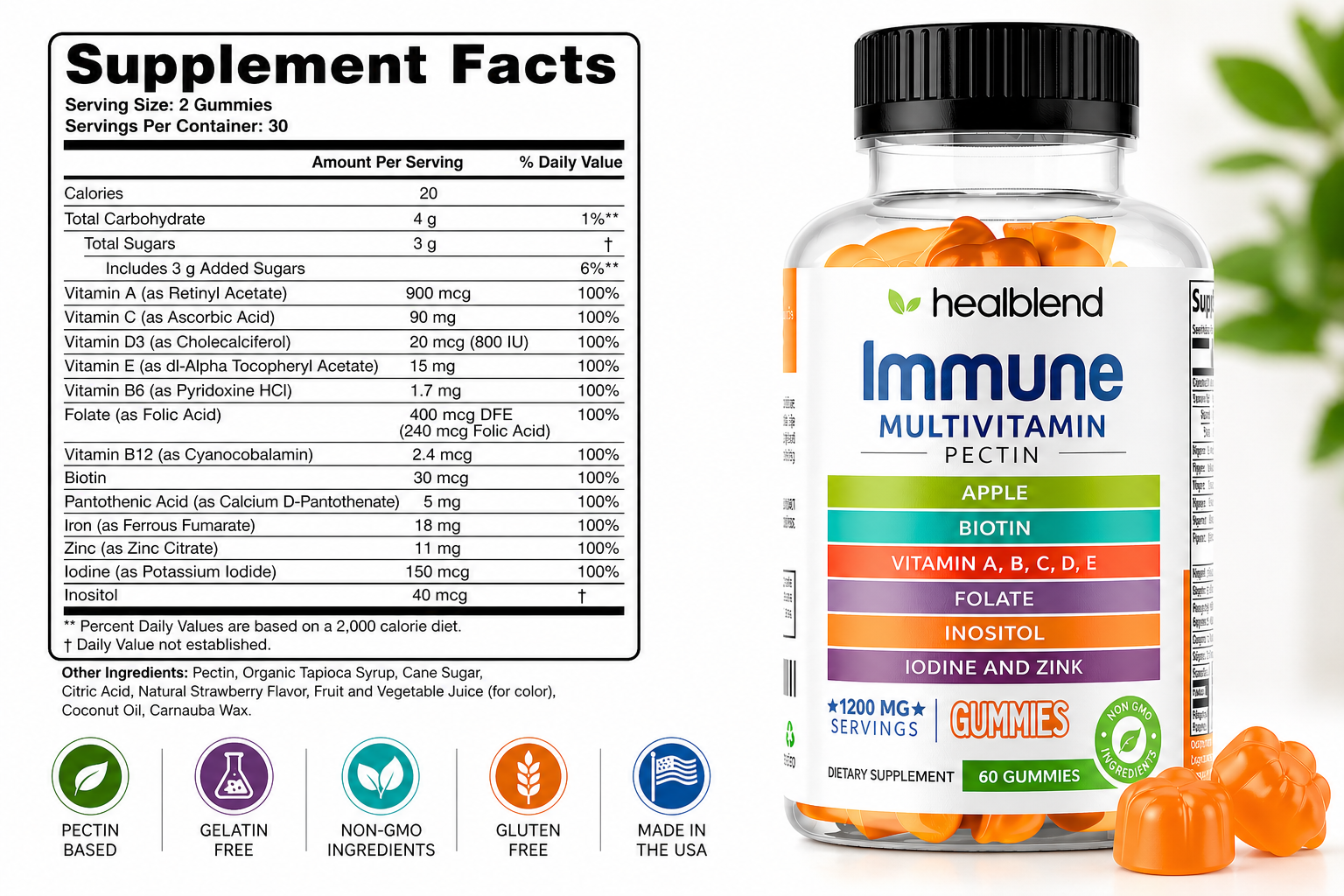 Healthblend Immune Multivitamin Pectin gummies bottle with a black cap and a Supplement Facts panel shown beside it, with several orange gummies in the foreground on a white background.