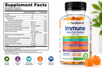 Healthblend Immune Multivitamin Pectin gummies bottle with a black cap and a Supplement Facts panel shown beside it, with several orange gummies in the foreground on a white background.