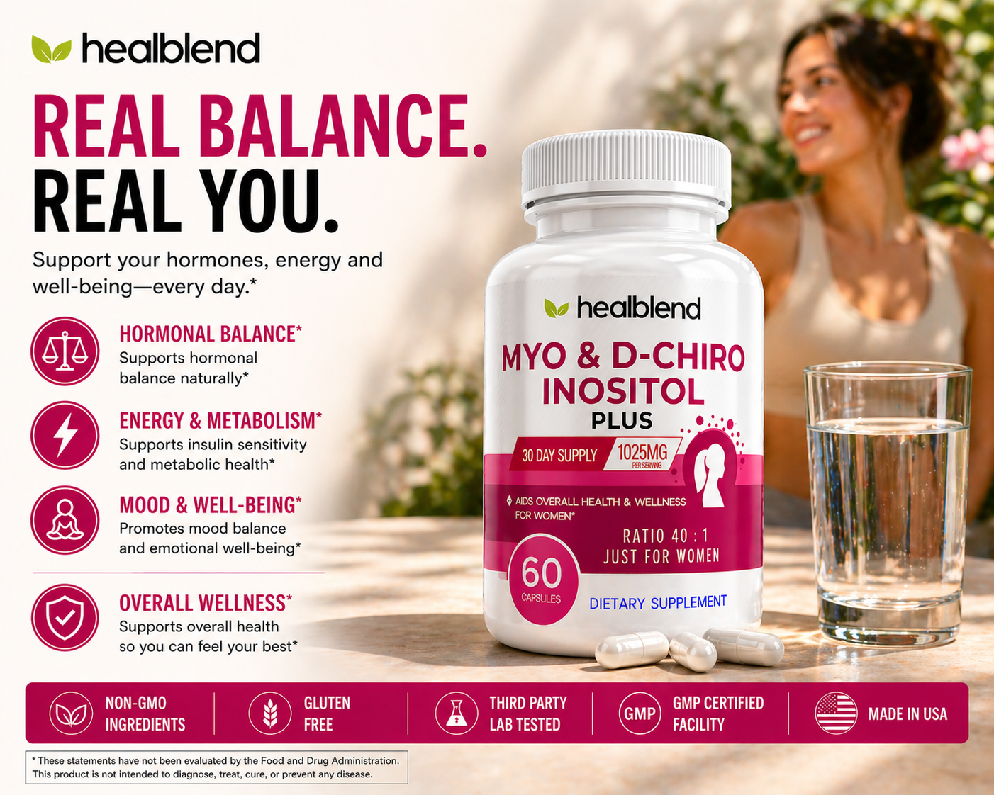 Myo Inositol & D-Chiro Inositol Plus Supplement - Support Hormonal Balance, Fertility & Healthy Ovarian Function for Women - 60 Capsules