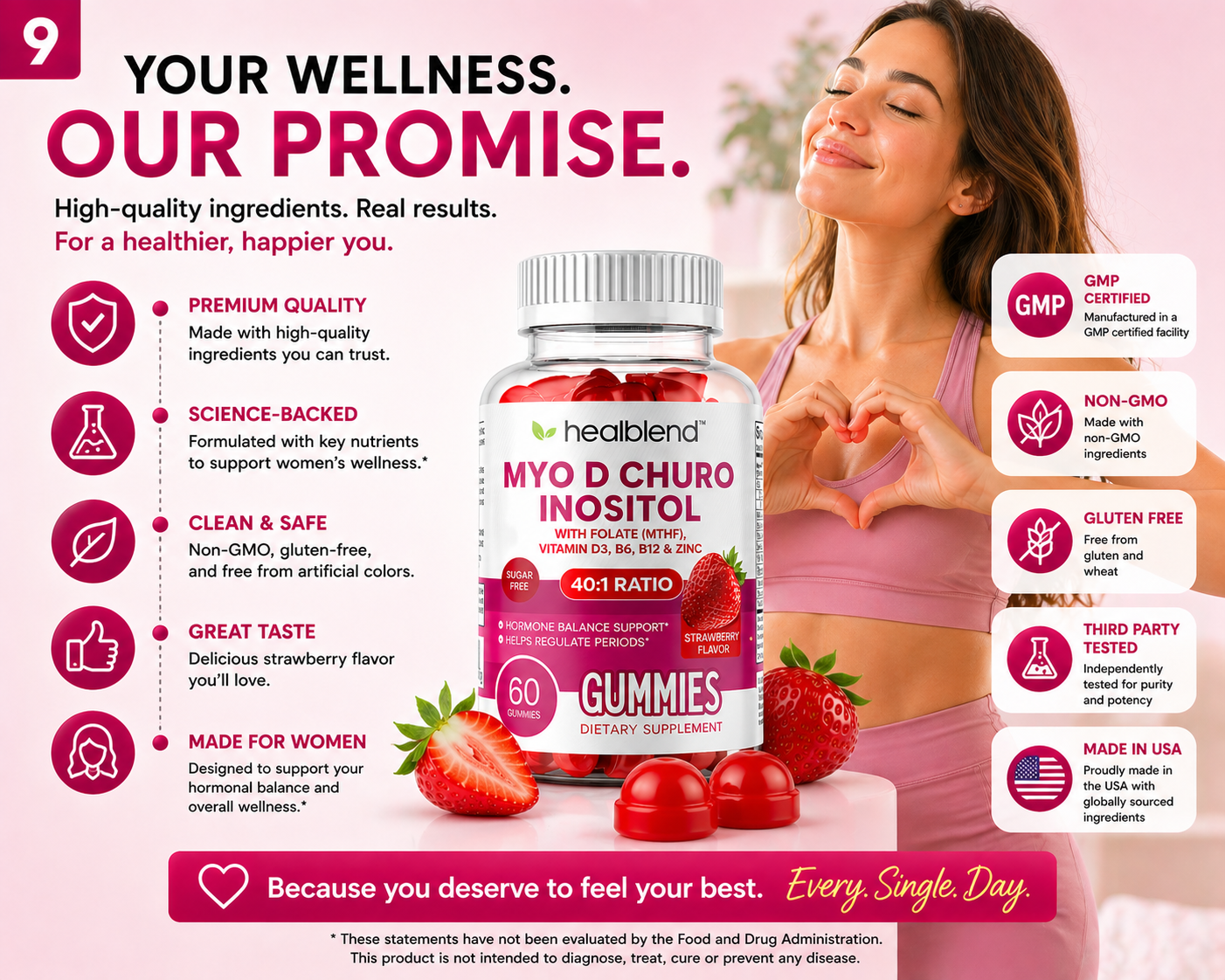 A promotional product graphic for HealiBlend Myo D Churo Inositol Gummies. The center shows a white bottle with a red label and a white cap, surrounded by illustrations of fresh strawberries.