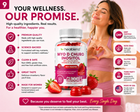 A promotional product graphic for HealiBlend Myo D Churo Inositol Gummies. The center shows a white bottle with a red label and a white cap, surrounded by illustrations of fresh strawberries.
