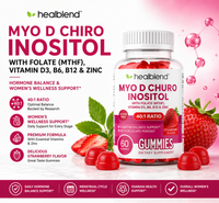 Healblend Myo D Chiro Inositol Gummies bottle shown on a pink promotional graphic with strawberries, gummy candies, and text highlighting ingredients and benefits.