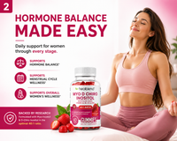 A promotional ad for Healtblend Myo D Chiro Inositol Gummies, featuring a woman in a pink sports bra and leggings sitting in a meditative pose on a bed. The ad includes text highlighting benefits for women's health and shows a bottle of the gummies alongside fresh strawberries.