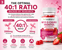 Healblen Myo D Churo Inositol Gummies bottle on a pink promotional graphic with strawberry slices, gummy candies, and infographic text about a 40:1 ratio.