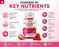 A promotional infographic for Healiblend Myo D Chiro Inositol Gummies. The center features a bottle of the gummies, flanked by pink circular icons detailing key nutrients like Myo-Inositol, Vitamin D3, and Zinc, with text explaining benefits.