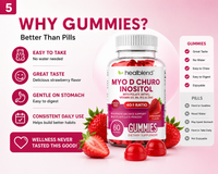 Heal blend Myo D Churo Inositol Gummies bottle displayed on a pink promotional graphic with strawberries and text highlighting benefits over pills.