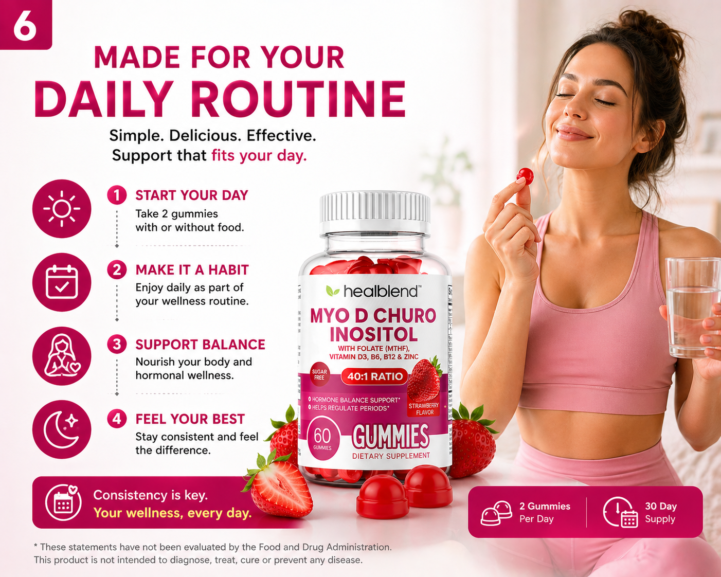 A promotional graphic for HealedBend Myo D Churo Inositol Gummies, featuring a woman in a pink sports bra holding a strawberry next to a bottle of the gummies. The left side contains text and icons detailing a daily routine with the product.