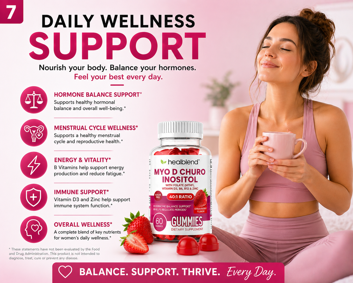 A wellness marketing graphic for Healthblend Daily Wellness Support gummies. The left side features text and icons detailing benefits like hormone balance, menstrual cycle support, and immune support.