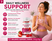 A wellness marketing graphic for Healthblend Daily Wellness Support gummies. The left side features text and icons detailing benefits like hormone balance, menstrual cycle support, and immune support.