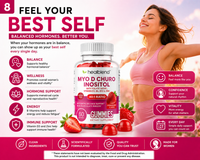 A promotional graphic for HealthBlend Myo D Churo Inositol Gummies. The left side features a white background with bold text, icons, and product benefits.