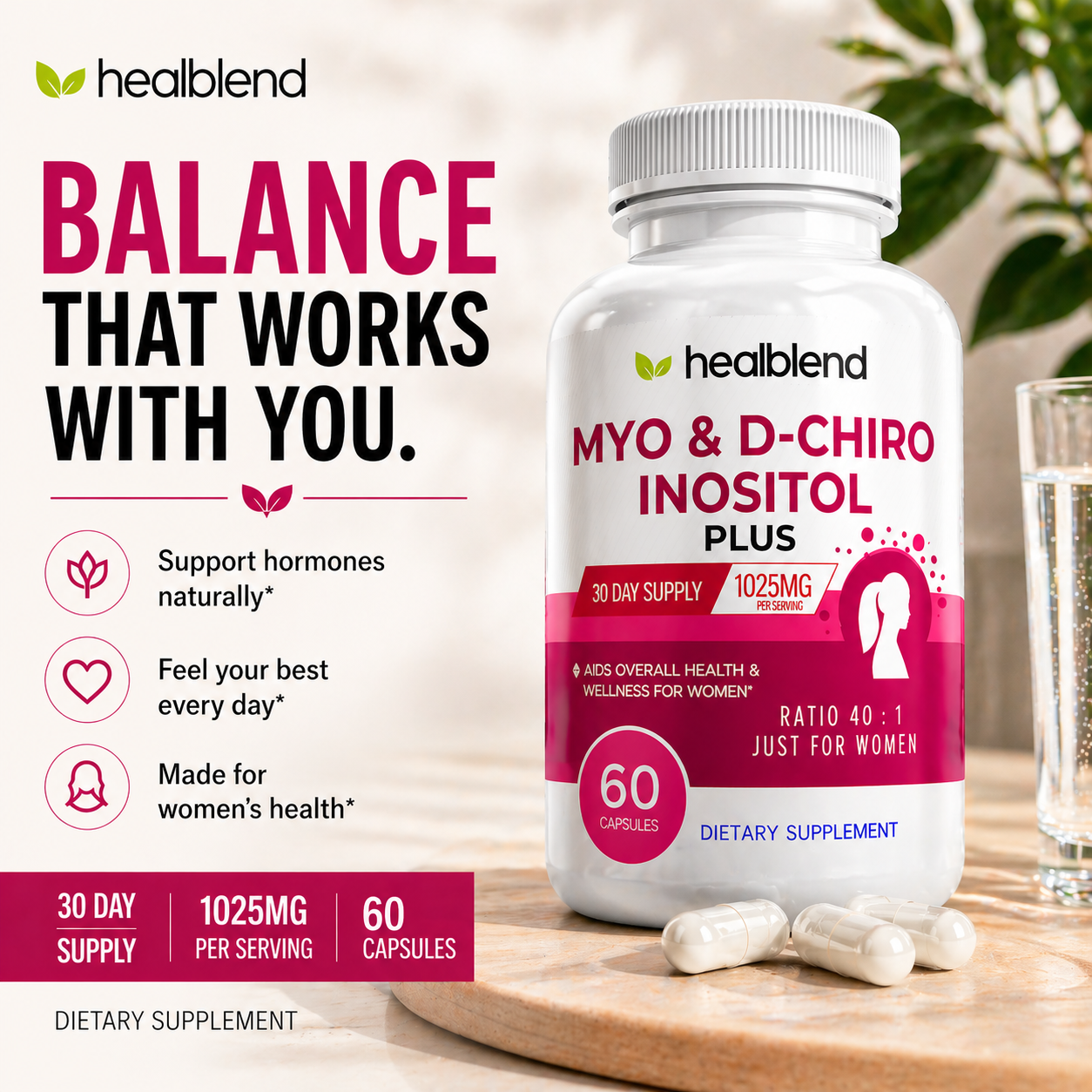 Myo Inositol & D-Chiro Inositol Plus Supplement - Support Hormonal Balance, Fertility & Healthy Ovarian Function for Women - 60 Capsules