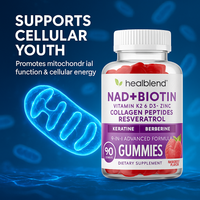 NAD+ Biotin Gummies – Collagen Peptides, Resveratrol, Keratin & Berberine – Anti-Aging Hair, Skin & Nail Support – Raspberry Flavor – 60ct