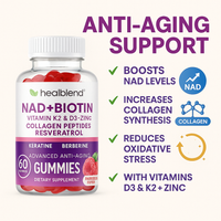 NAD+ Biotin Gummies – Collagen Peptides, Resveratrol, Keratin & Berberine – Anti-Aging Hair, Skin & Nail Support – Raspberry Flavor – 60ct