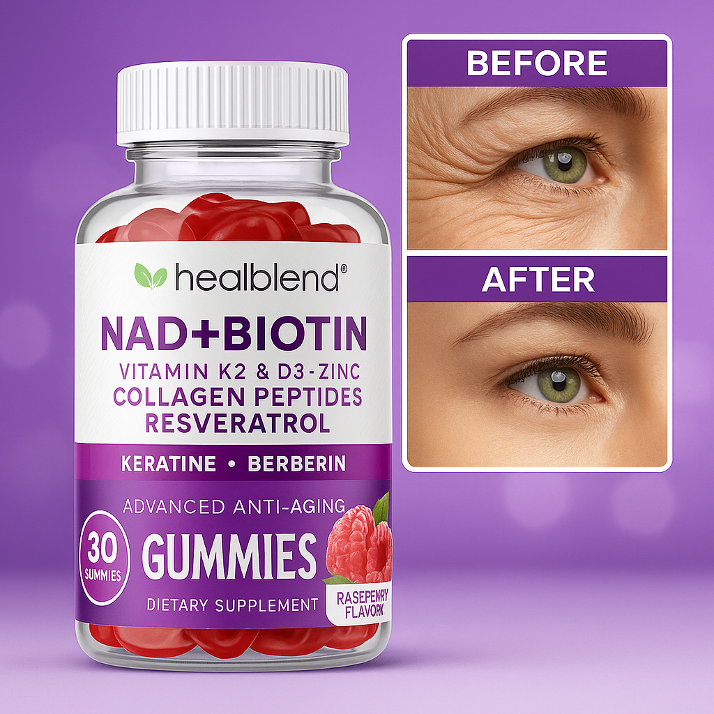 NAD+ Biotin Gummies – Collagen Peptides, Resveratrol, Keratin & Berberine – Anti-Aging Hair, Skin & Nail Support – Raspberry Flavor – 60ct